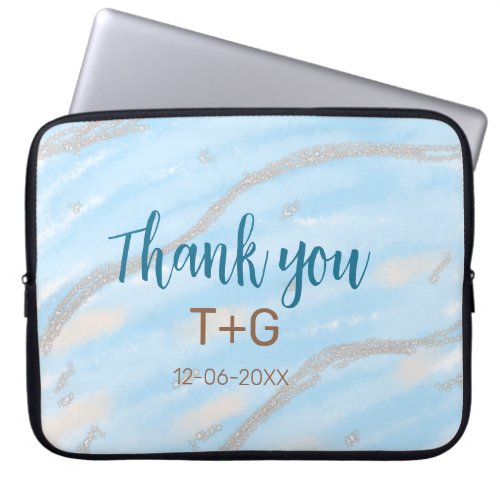 Aqua gold thank you add couple name date year text laptop sleeve