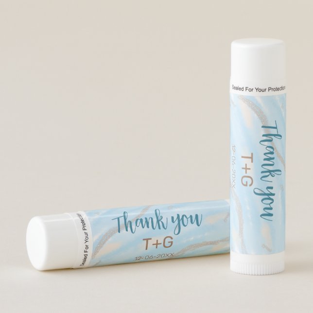 Aqua gold thank you add couple name date year text lip balm (Front)
