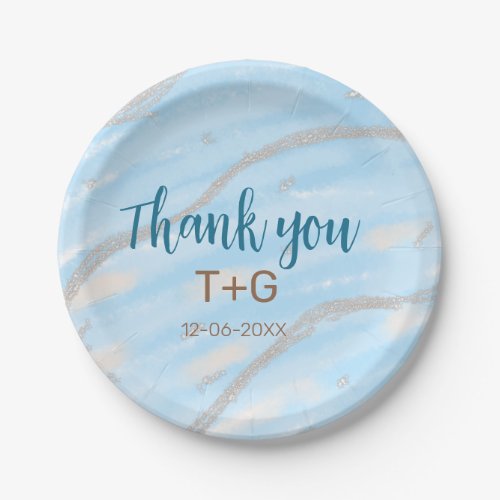 Aqua gold thank you add couple name date year text paper plates