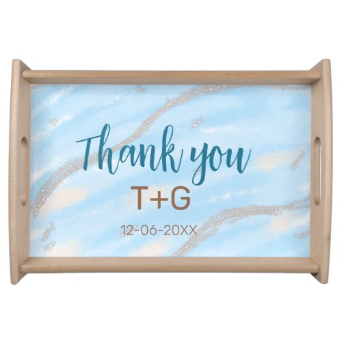 Aqua gold thank you add couple name date year text serving tray