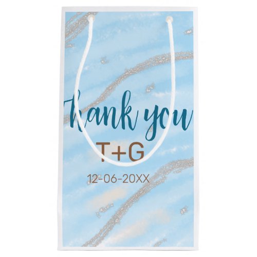 Aqua gold thank you add couple name date year text small gift bag