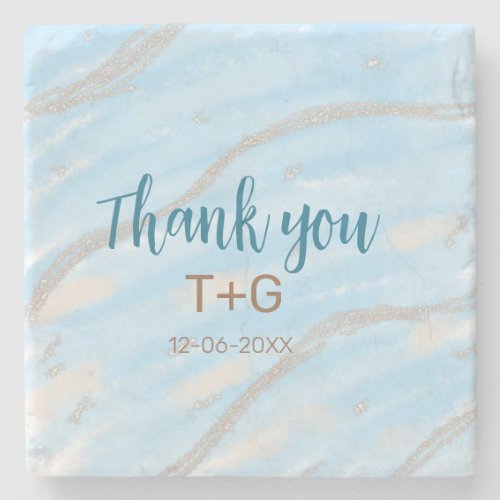 Aqua gold thank you add couple name date year text stone coaster
