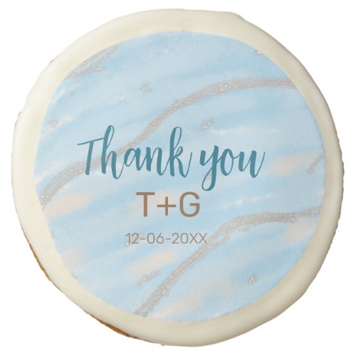 Aqua gold thank you add couple name date year text sugar cookie