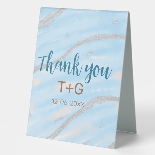 Aqua gold thank you add couple name date year text table tent sign