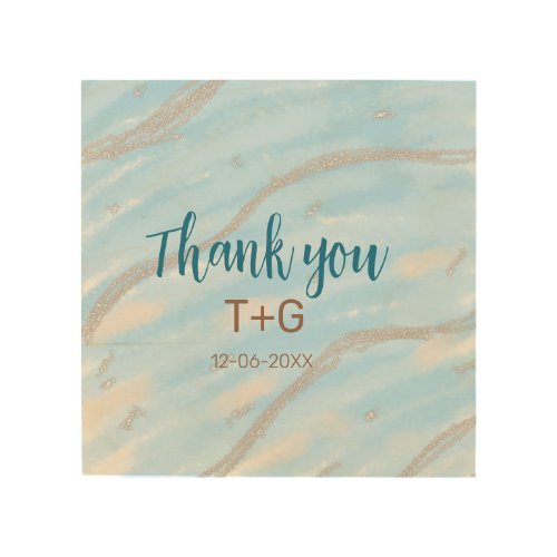 Aqua gold thank you add couple name date year text wood wall art