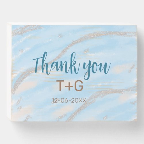 Aqua gold thank you add couple name date year text wooden box sign