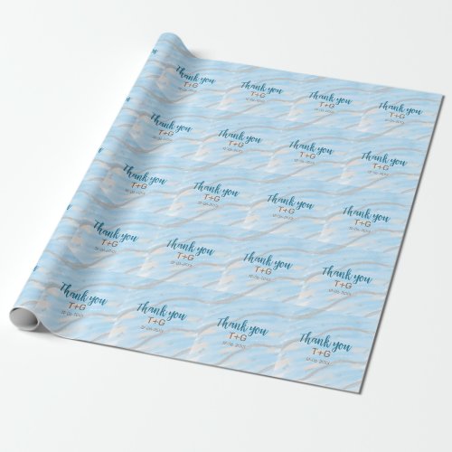 Aqua gold thank you add couple name date year text wrapping paper