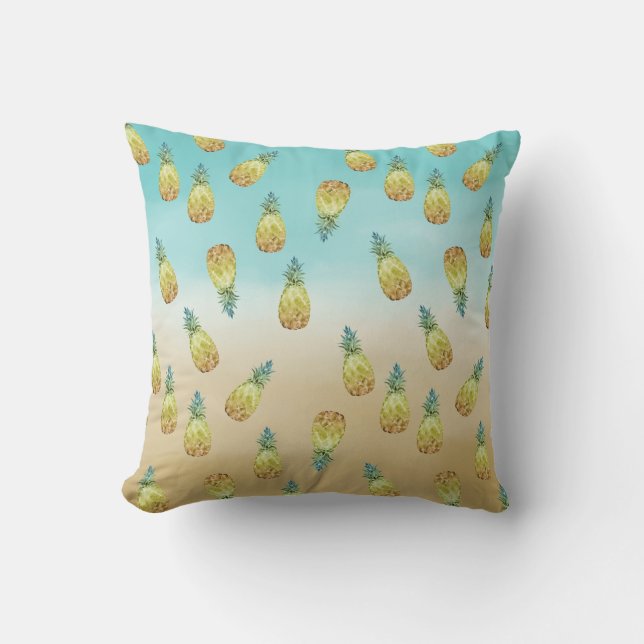 Aqua gold tropical watercolor ombre pineapples throw pillow (Front)