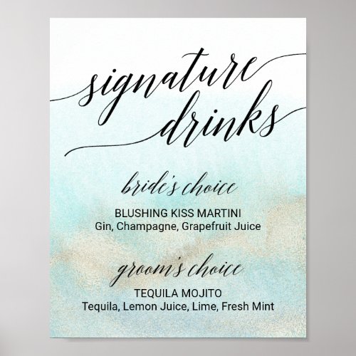 Aqua  Gold Watercolor Beach Signature Drinks Sign