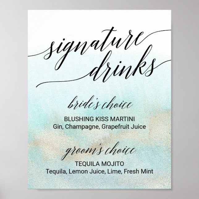 Aqua & Gold Watercolor Beach Signature Drinks Sign (Front)