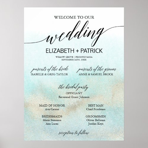 Aqua  Gold Watercolor Beach Small Wedding Program Poster