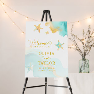 Aqua Gold Watercolor Beach Wedding Welcome Sign