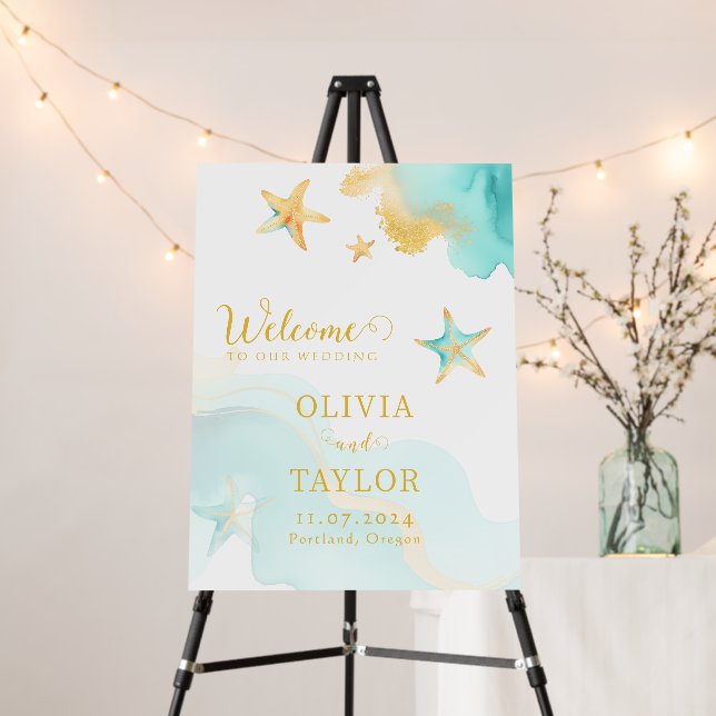 Aqua Gold Watercolor Beach Wedding Welcome Sign (In Situ (Stand))