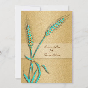 Aqua gold wedding wheat flower invitation