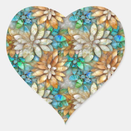 Aqua Gold White Flowers Heart Sticker