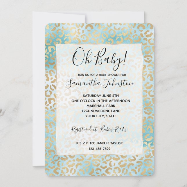 Aqua Gold White Leopard Print Invitation (Front)