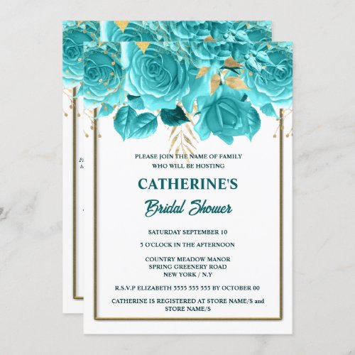 Aqua gold white rose watercolor bridal shower invitation