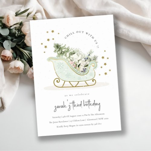 Aqua Gold Winter Sleigh Any Age Birthday Invite