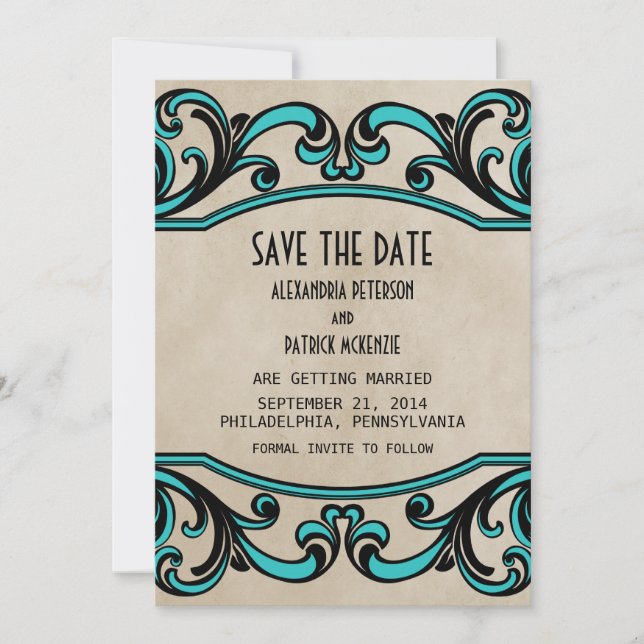Aqua Gothic Swirls Save the Date Invite (Front)