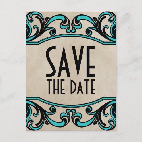 Aqua Gothic Swirls Save the Date Postcard