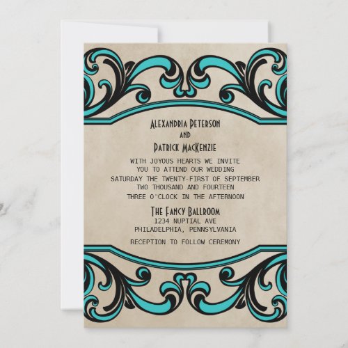 Aqua Gothic Swirls Wedding Invite