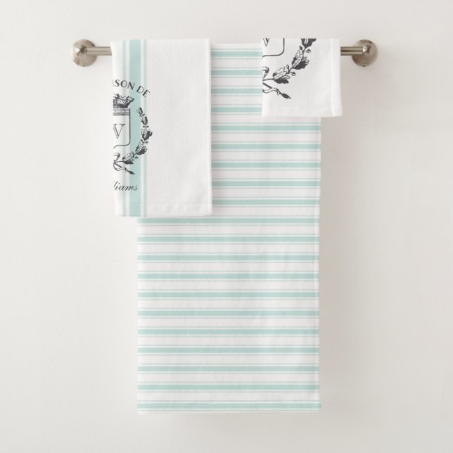 Aqua Grain Sack Custom Family Crest Towel Set (Insitu)