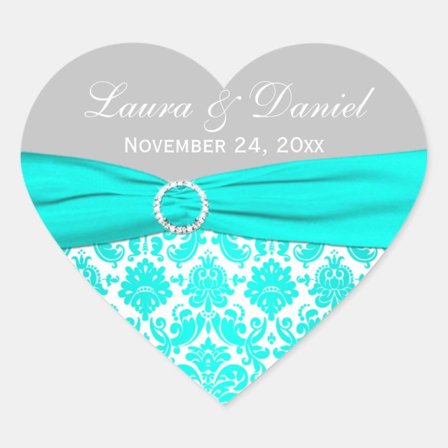 Aqua, Gray, and White Damask Heart Shape Sticker (Front)