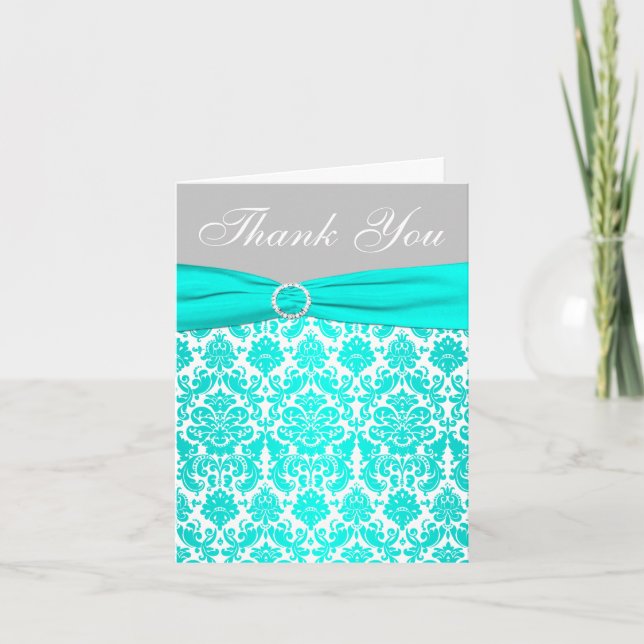 Aqua, Gray, and White Damask Thank You Card (Front)