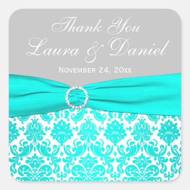Aqua, Gray, and White Damask Wedding Favor Sticker (Front)