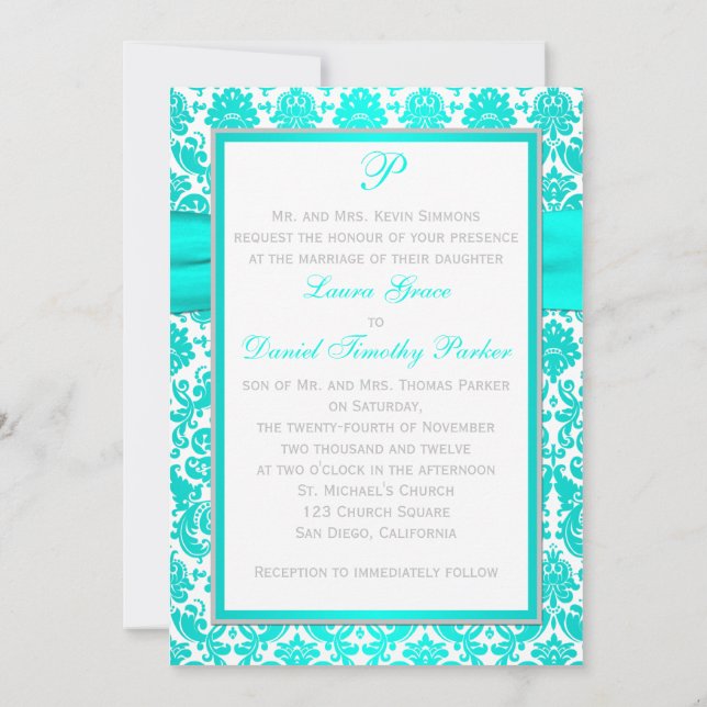 Aqua, Gray, and White Damask Wedding Invitation (Back)