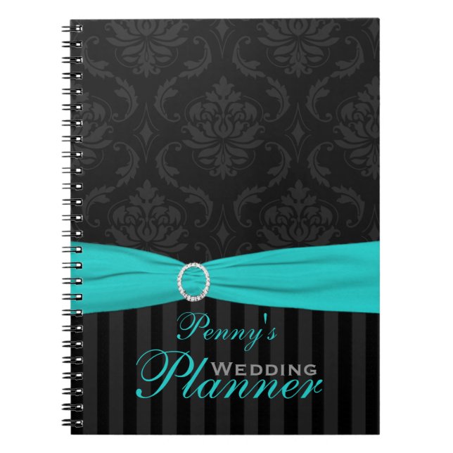 Aqua, Gray, Black Damask Striped Notebook (Front)