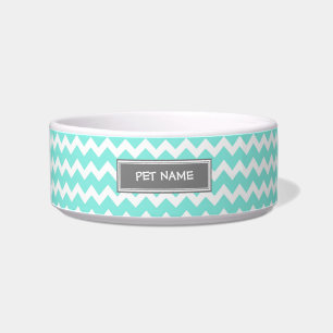 Aqua Gray Chevron Custom Name Cat Bowl
