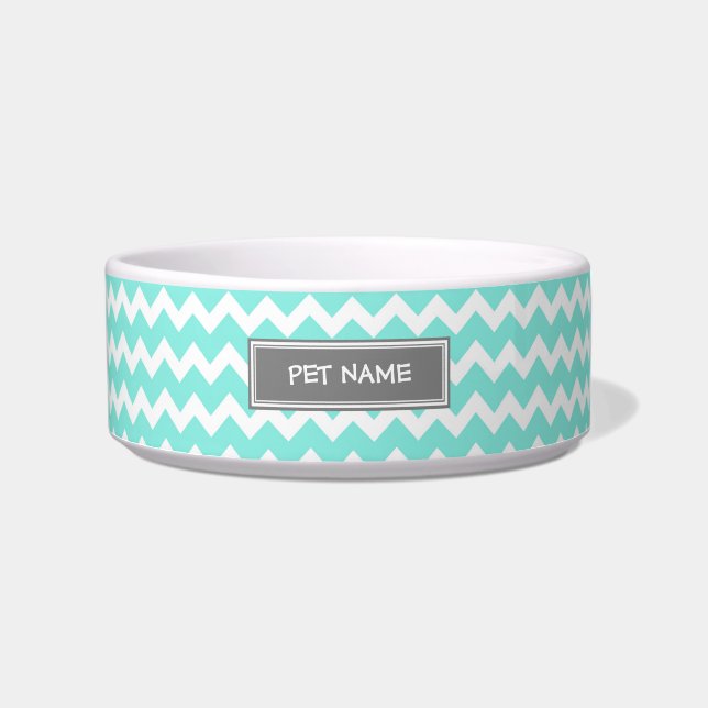 Aqua Gray Chevron Custom Name Cat Bowl (Front)