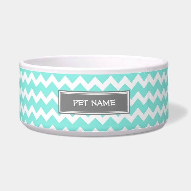 Aqua Gray Chevron Custom Name Dog Bowl (Front)