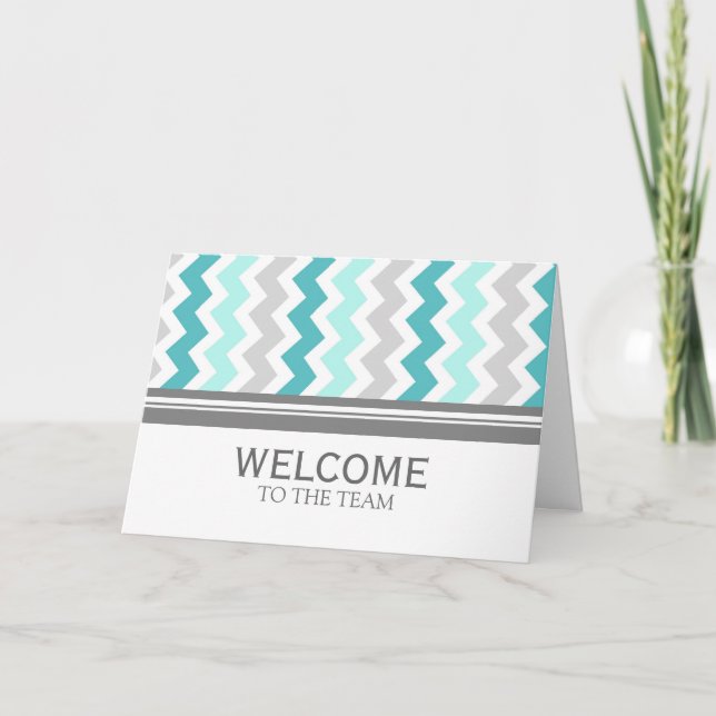 Aqua Gray Chevron Employee Welcome to the Team Card (Front)