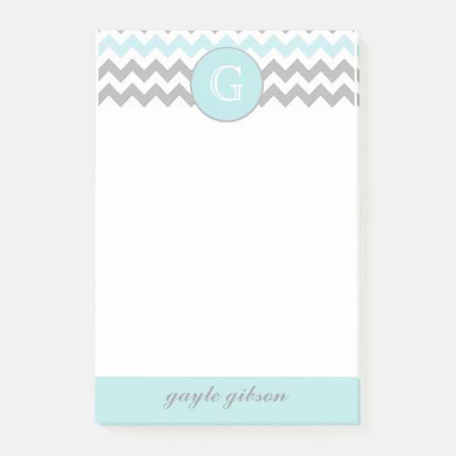 Aqua Gray Chevron Monogram Post-it® Notes (Front)