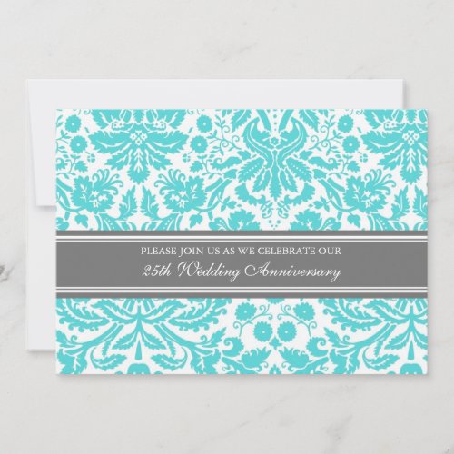 Aqua Gray Damask 25th Anniversary Invitation