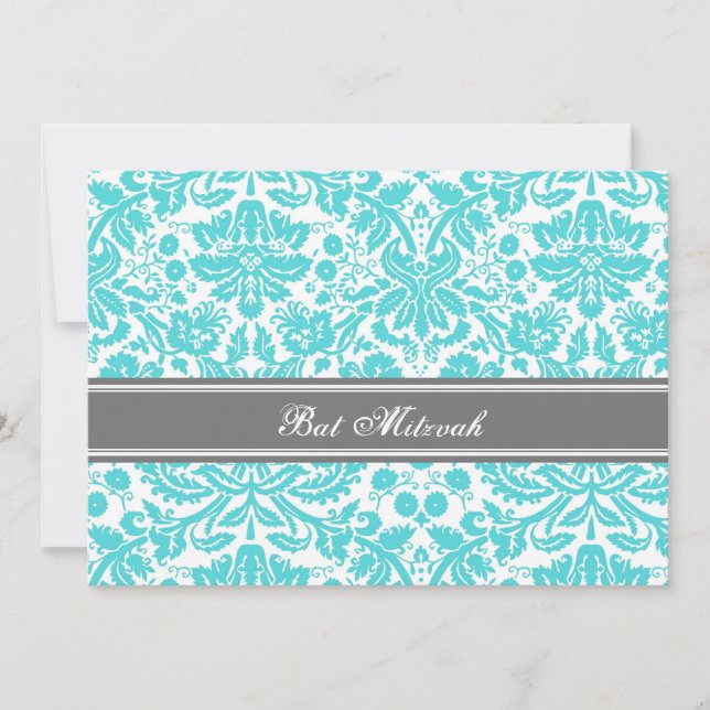 Aqua Gray Damask Bat Mitzvah Invitations (Front)