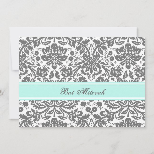 Aqua Gray Damask Bat Mitzvah Invitations (Front)