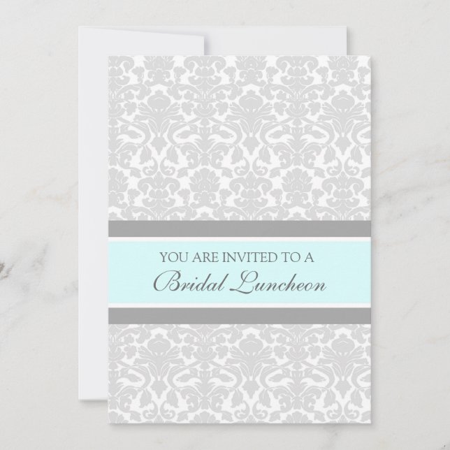 Aqua Gray Damask Bridal Lunch Invitation Cards (Front)