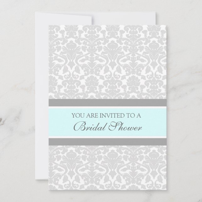 Aqua Gray Damask Bridal Shower Invitation Cards (Front)