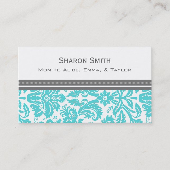 Aqua Gray Damask Mom Calling Cards (Front)