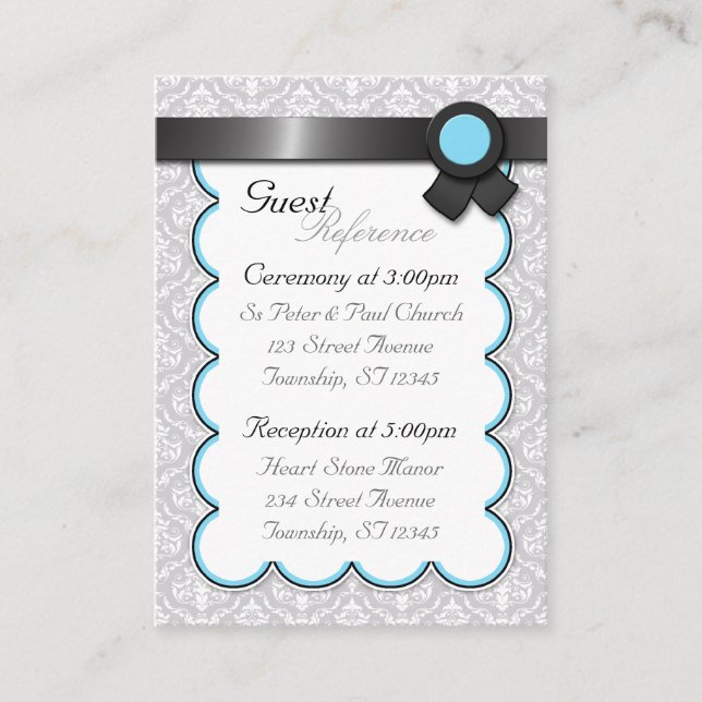Aqua & Gray Damask Wedding Guest Reference Cards (Front)