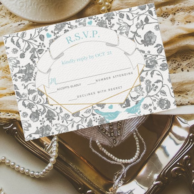 Aqua Gray Floral Pattern Blue Love Bird Wedding Invitation (Creator Uploaded)