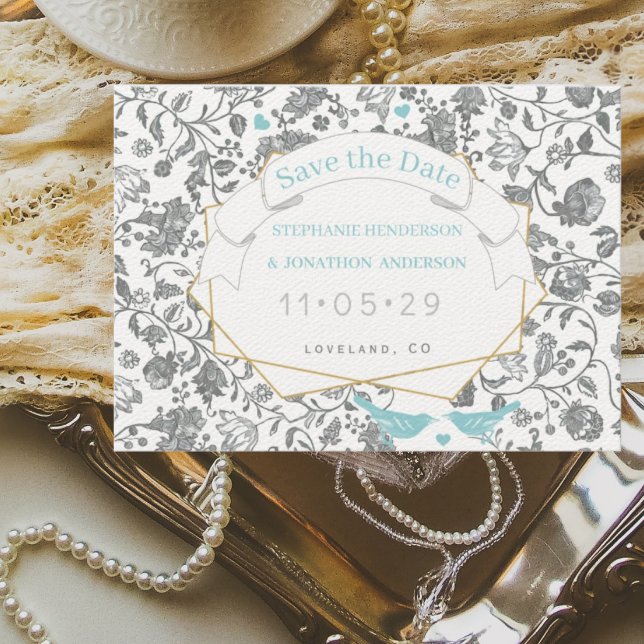 Aqua Gray Floral Pattern Blue Love Bird Wedding Invitation (Creator Uploaded)