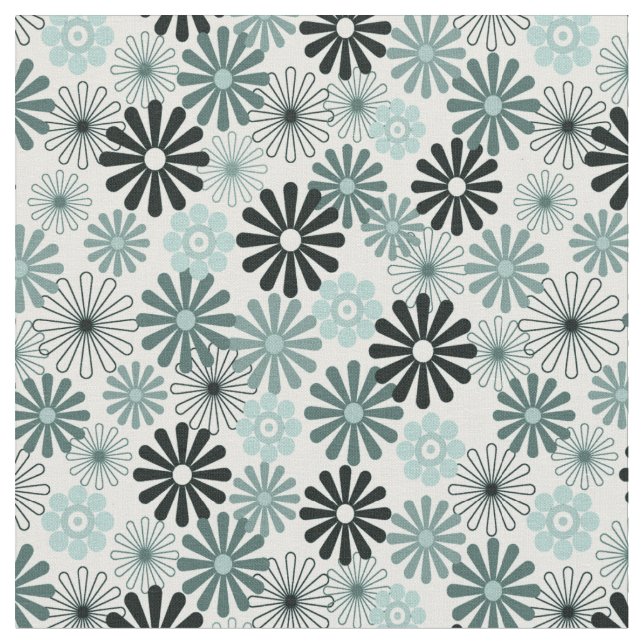 Aqua gray flowers 1960-x style fabric (Close Up)