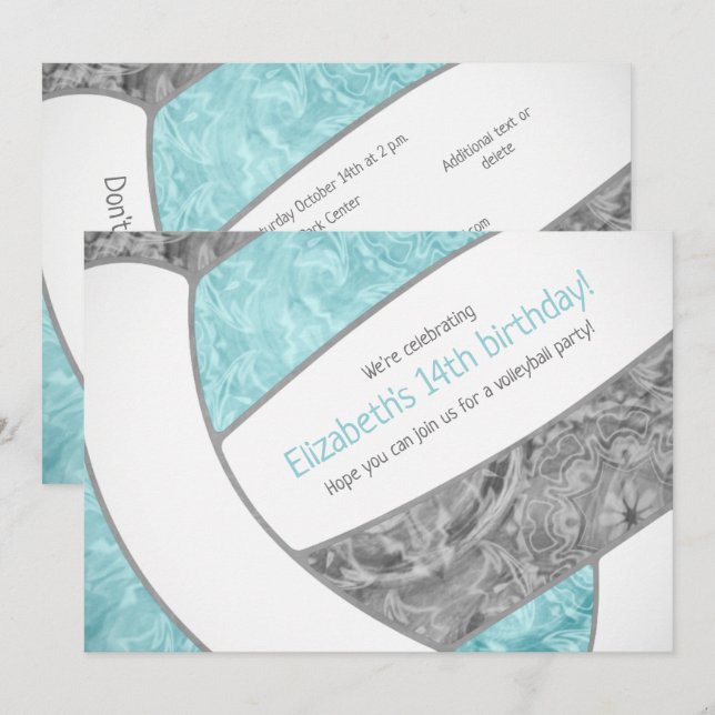 aqua gray girly volleyball birthday party invitation (Front/Back)