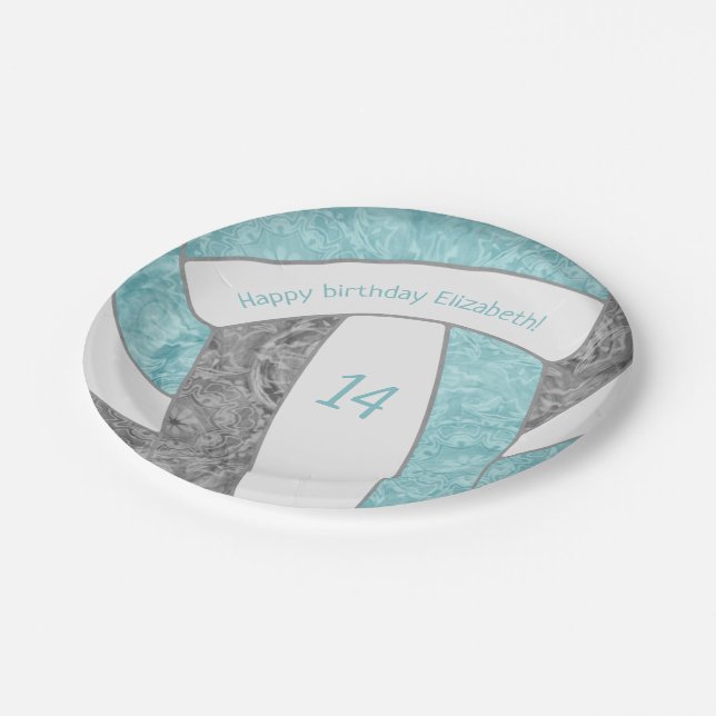 aqua gray girly volleyball birthday party paper plates (Angled)