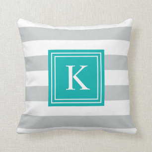 Aqua & Gray Monogram Striped Throw Pillow