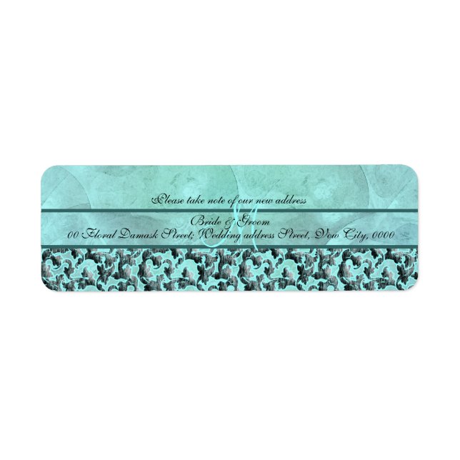 Aqua gray "new address" wedding floral damask label (Front)